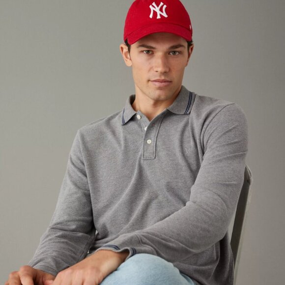 NWT American Eagle Long-Sleeve Polo Shirt Super Soft Standard Fit Grey - Picture 4 of 15